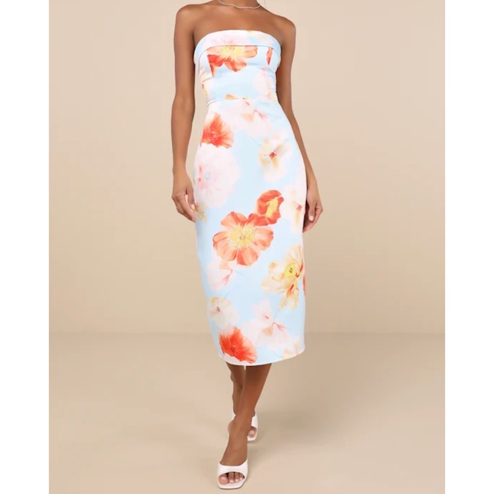 Oriana Light Blue Floral Satin Strapless Midi Dress Lace Up Back Repair Upcycle